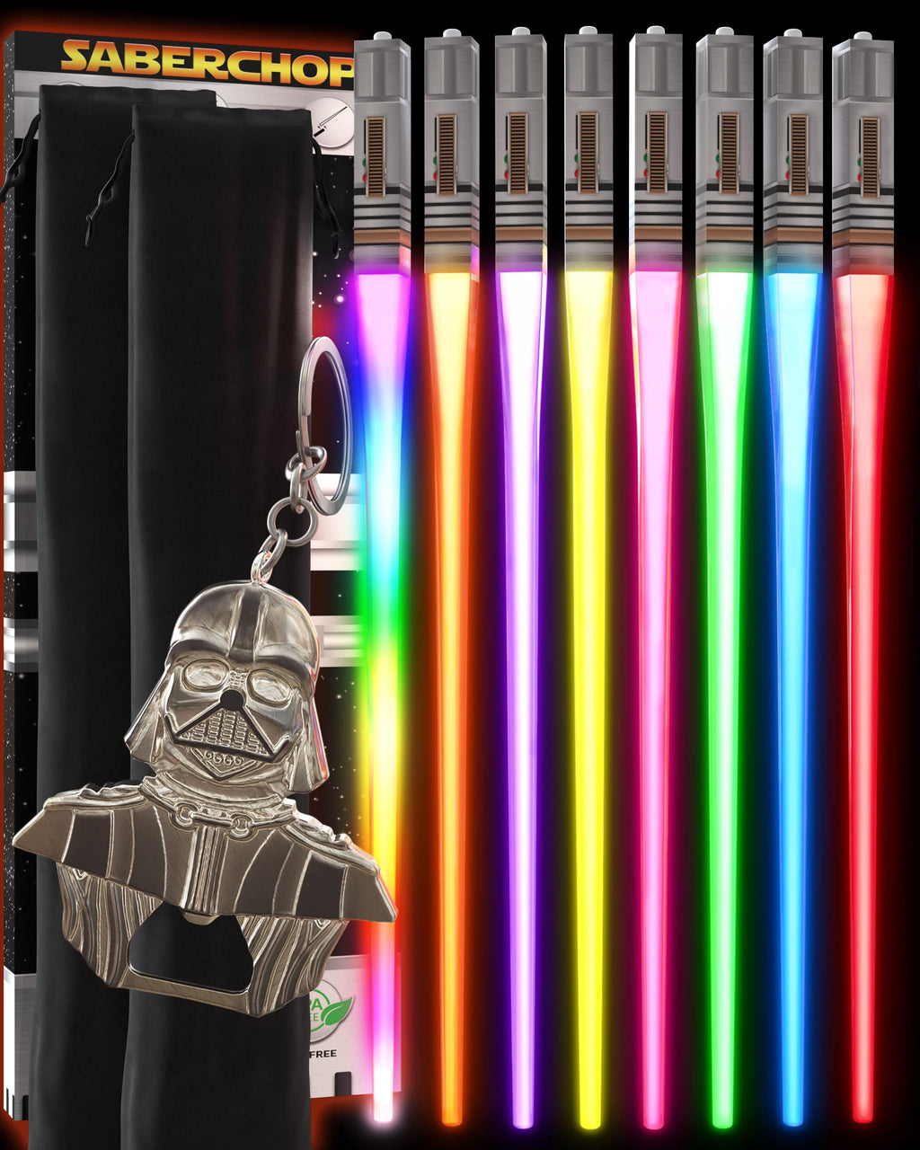 Lightsaber Chopsticks Light Up Star Wars LED Reusable 8 Color Modes 4 PAIRS FREE Darth Vader Keychain Bottle Opener