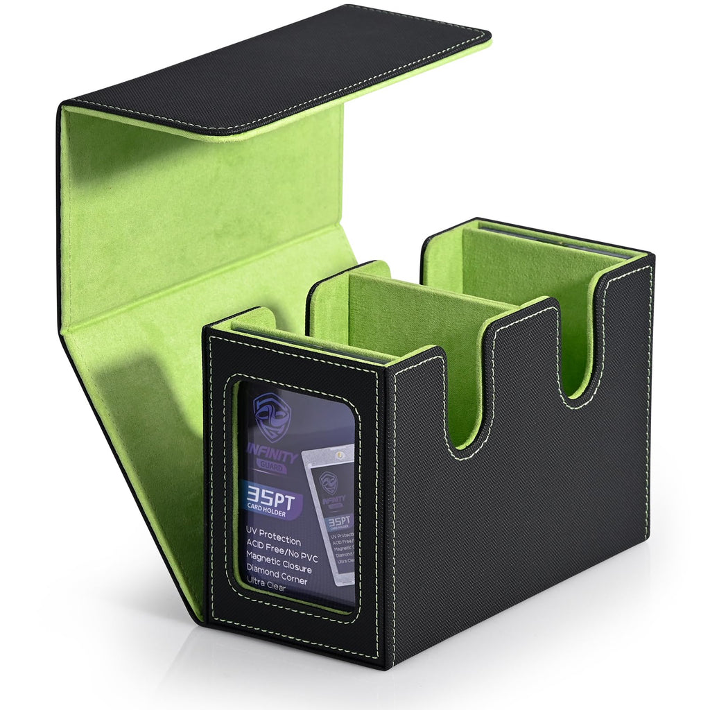 Infinity Guard Card Deck Box with 2 Commander Display Double Deck Box for 280+ Single Sleeved Cards Leather Magnetic Card Storage Box Fits for TCG CCG Magic Cards (Black&Lime Green)