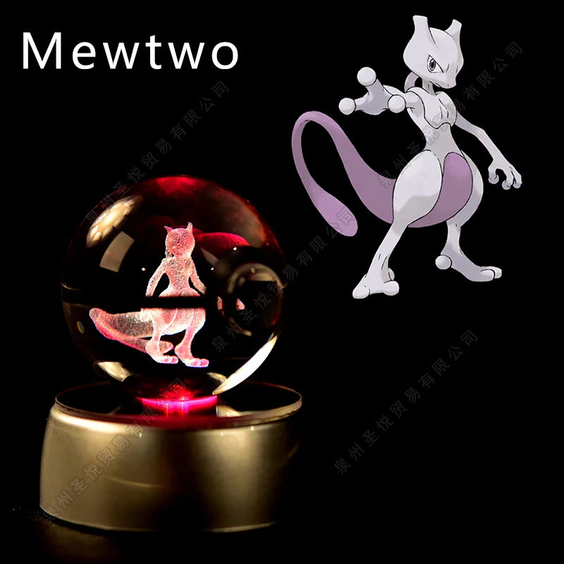 Pokemon Crystal Ball 3D Pikachu Gengar Mewtwo Night Light Lamp Pokeball 3D Glass Pokemon Crystal Ball Statue Kids Birthday Gift