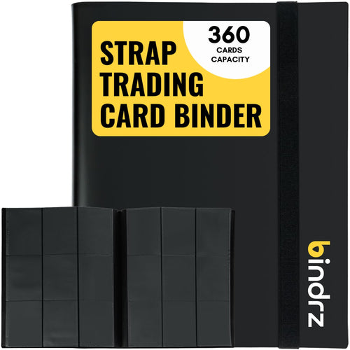 bindrz 9 Pocket Strap Binder Album for 360 Trading Cards - Side Loading Pockets Folder - Archival Safe Material for CCG TCG MTG and Sports Collectibles (Black)