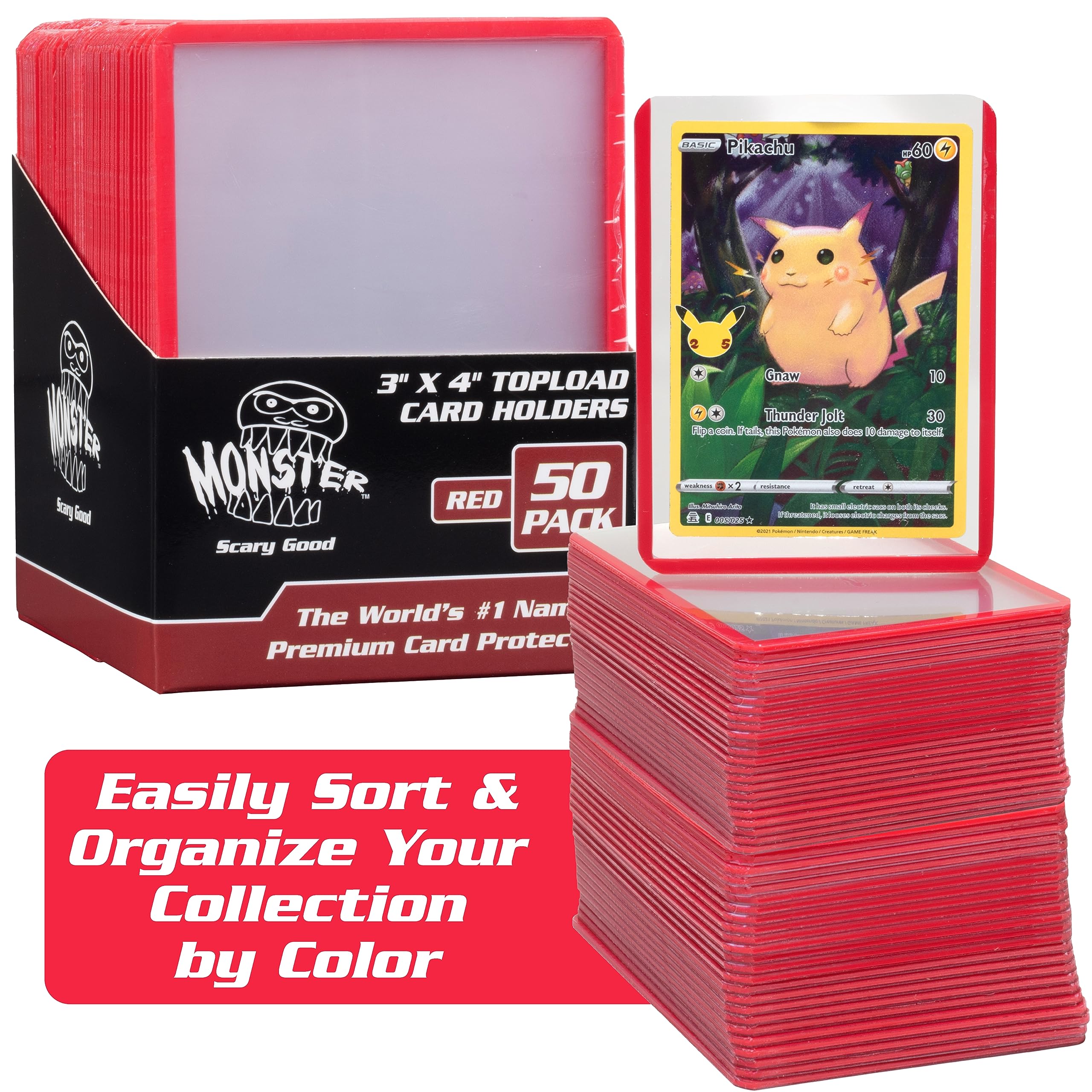 Monster Top Loaders for Collectible Trading Cards - 50 Count 3"x4" Clear Hard Plastic Protector (Red Border) - Easily Sort Your TCG Cards by Color- Compatible w MTG Magic Gathering Yugioh Sports